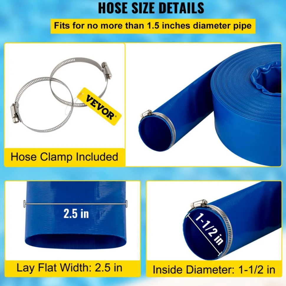VEVOR Discharge Hose, 1-1/2" x 100', PVC Fabric Lay Flat Hose, Heavy Duty Backwash Drain Hose with Clamps, Weather-proof & Burst-proof, Ideal for Swimming Pool & Water Transfer, Blue