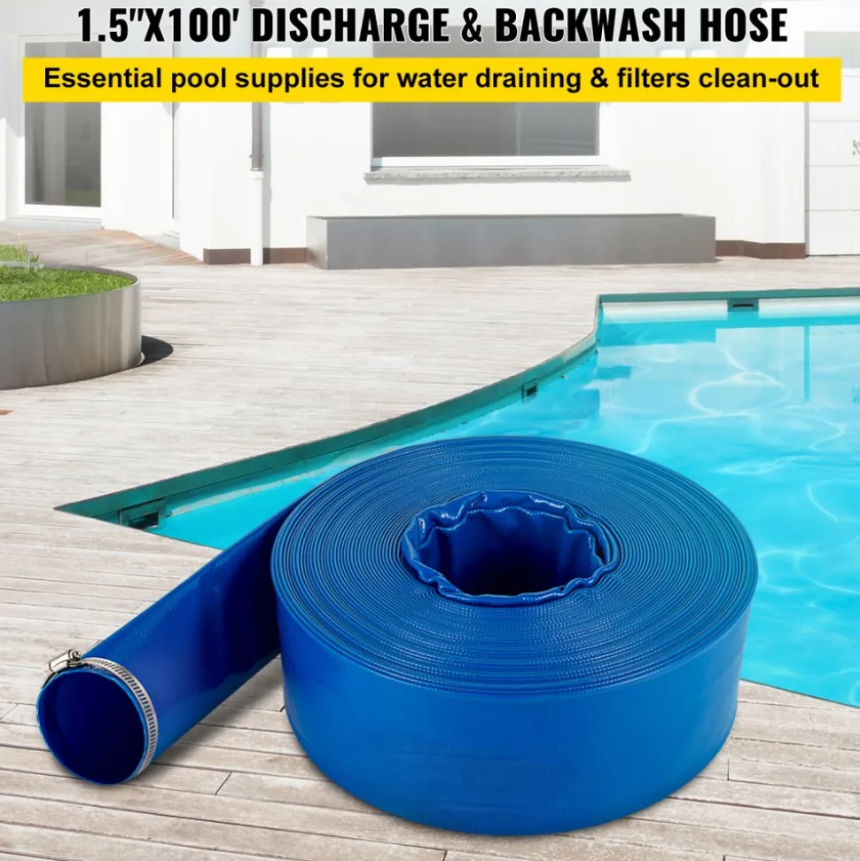 VEVOR Discharge Hose, 1-1/2" x 100', PVC Fabric Lay Flat Hose, Heavy Duty Backwash Drain Hose with Clamps, Weather-proof & Burst-proof, Ideal for Swimming Pool & Water Transfer, Blue