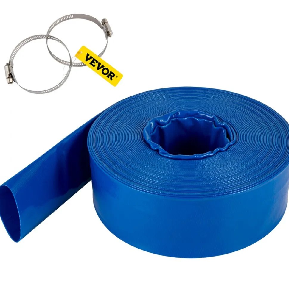 VEVOR Discharge Hose, 1-1/2" x 100', PVC Fabric Lay Flat Hose, Heavy Duty Backwash Drain Hose with Clamps, Weather-proof & Burst-proof, Ideal for Swimming Pool & Water Transfer, Blue