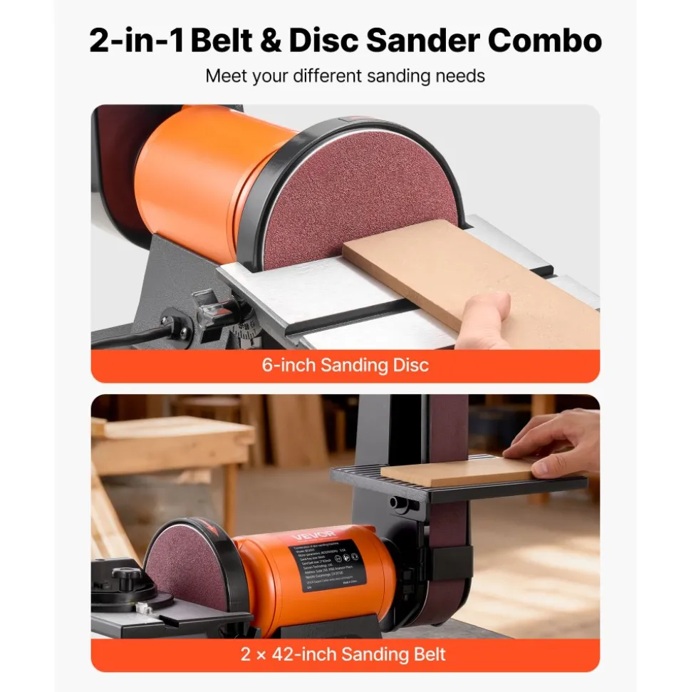 VEVOR 6" Disc Sander & 2" x 42" Belt Sander, 420W Professional Bench Belt Disc Sanders Combo with Multiple Angle Adjustments for DIY Woodworking, Furniture Refinishing, Knife Sharpening
