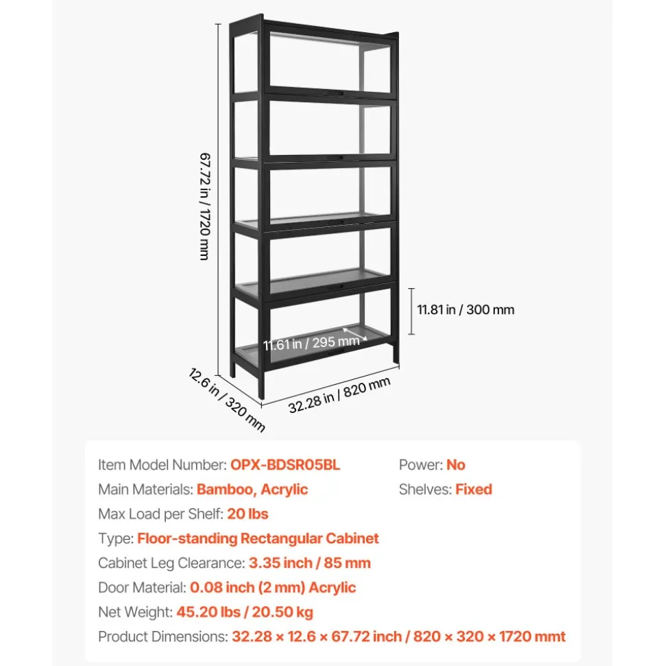 VEVOR Display Cabinet with Acrylic Doors, 68 in Tall 5-Tier Curio Cabinet, Natural Wooden Fame, Collectibles Toy Organizers Rack & Display Case, Bookshelf for Home, Office, Playroom, Living Room