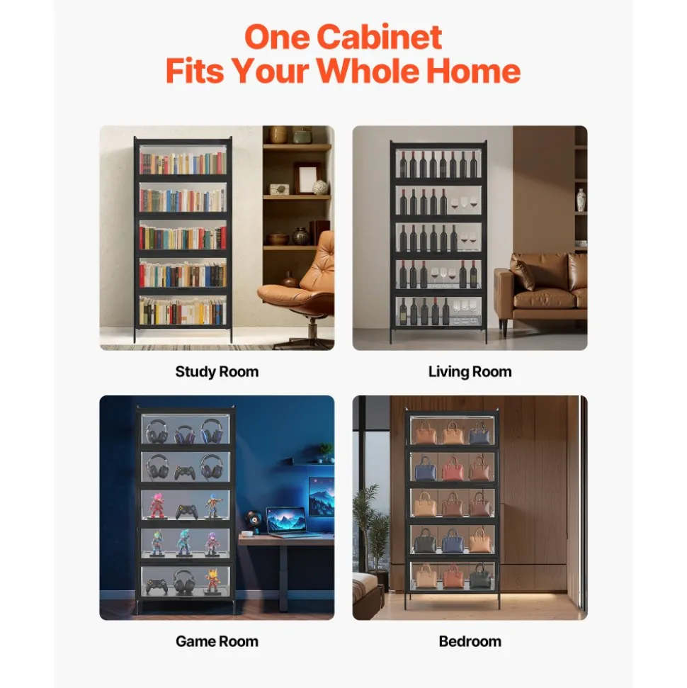 VEVOR Display Cabinet with Acrylic Doors, 68 in Tall 5-Tier Curio Cabinet, Natural Wooden Fame, Collectibles Toy Organizers Rack & Display Case, Bookshelf for Home, Office, Playroom, Living Room