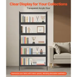 VEVOR Display Cabinet with Acrylic Doors, 68 in Tall 5-Tier Curio Cabinet, Natural Wooden Fame, Collectibles Toy Organizers Rack & Display Case, Bookshelf for Home, Office, Playroom, Living Room