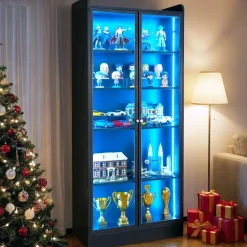 VEVOR Display Cabinet with Doors, 67 in Tall Lighted Display Case with 2 Adjustable Shelves, 5-Tier Curio Collectibles Storage Cabinet, Bookshelf Bookcase for Pantry Bedroom Living Room Office