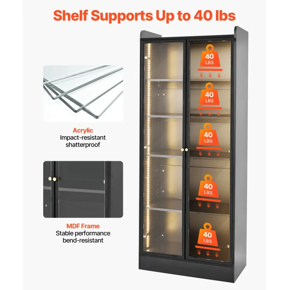 VEVOR Display Cabinet with Doors, 67 in Tall Lighted Display Case with 2 Adjustable Shelves, 5-Tier Curio Collectibles Storage Cabinet, Bookshelf Bookcase for Pantry Bedroom Living Room Office