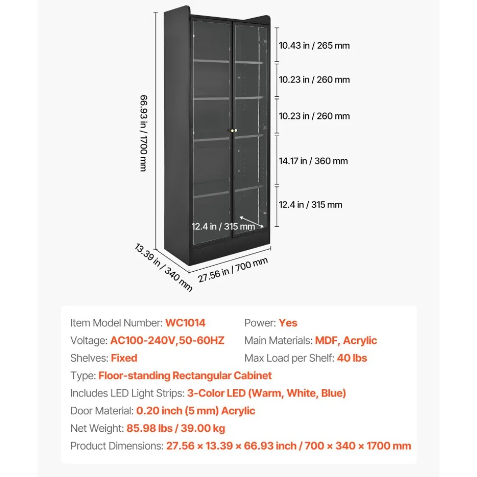 VEVOR Display Cabinet with Doors, 67 in Tall Lighted Display Case with 2 Adjustable Shelves, 5-Tier Curio Collectibles Storage Cabinet, Bookshelf Bookcase for Pantry Bedroom Living Room Office