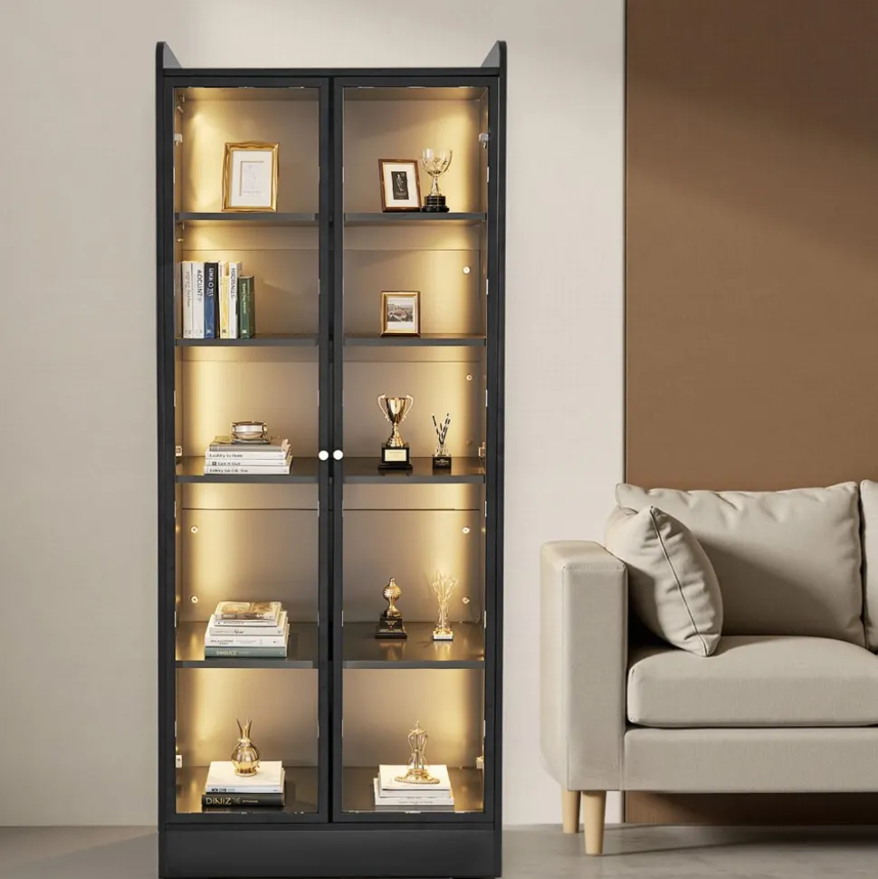 VEVOR Display Cabinet with Doors, 67 in Tall Lighted Display Case with 2 Adjustable Shelves, 5-Tier Curio Collectibles Storage Cabinet, Bookshelf Bookcase for Pantry Bedroom Living Room Office