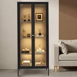 VEVOR Display Cabinet with Glass Door, 66 in Tall 4-Tier Lighted Display Case with 3 Color Lights, Metal Storage Cabinet  with 3 Adjustable Shelves, Curio Cabinet for Collectibles Figures Trophy