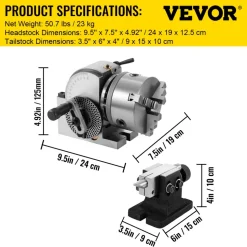 VEVOR Dividing Head BS-0 5Inch 3 Jaw Chuck Dividing Head Set Precision Semi Universal Dividing Head for Milling Machine Rotary Table Tailstock Milling Set (5 Inch Chuck)