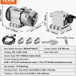 VEVOR Dividing Head, K11-100mm 3-Jaw Chuck, CNC Router Milling Machine Rotational Axis 4th Axis A Axis Indexing Head, 2.6