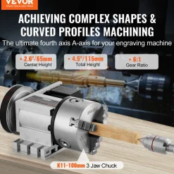 VEVOR Dividing Head, K11-100mm 3-Jaw Chuck, CNC Router Milling Machine Rotational Axis 4th Axis A Axis Indexing Head, 2.6