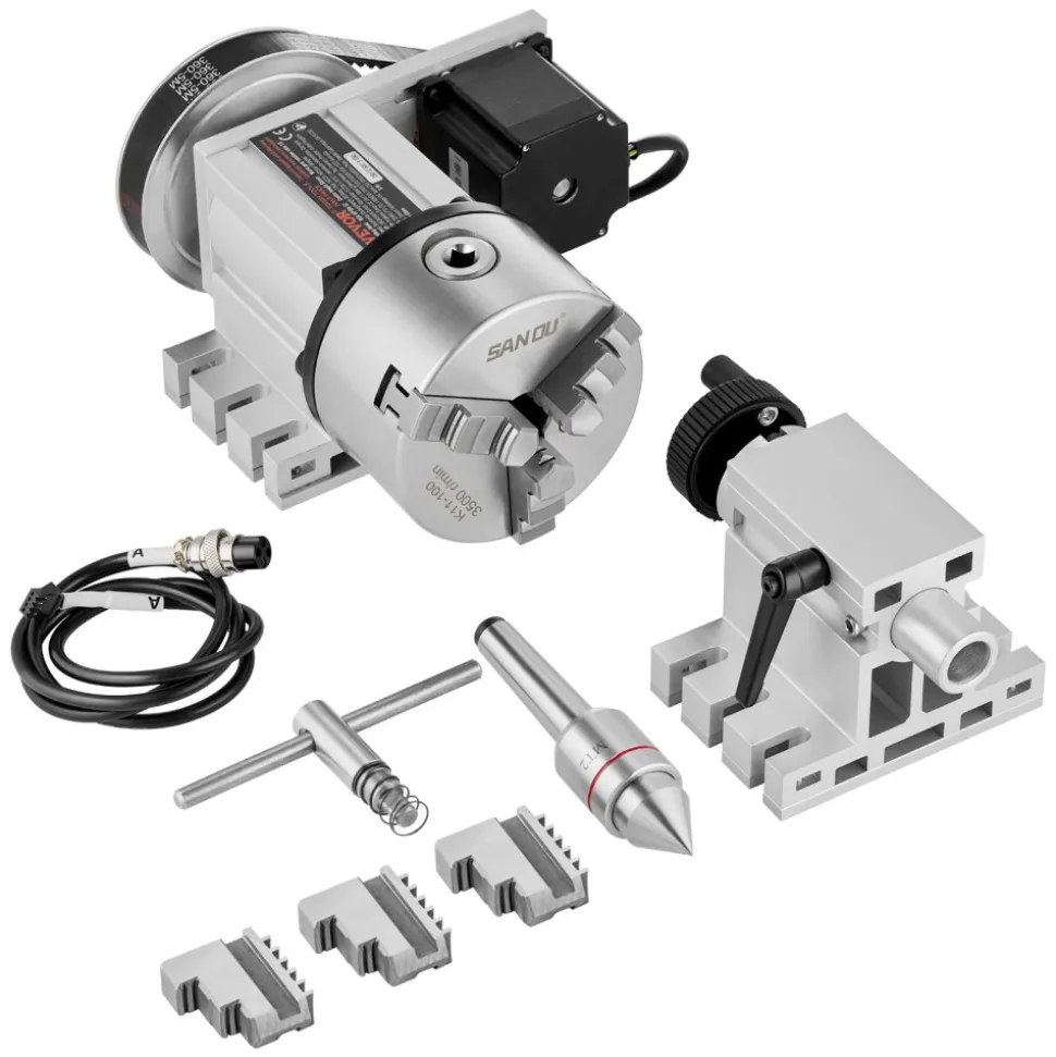 VEVOR Dividing Head, K11-100mm 3-Jaw Chuck, CNC Router Milling Machine Rotational Axis 4th Axis A Axis Indexing Head, 2.6"/65 mm Center Height MT2 Tailstock 6:1 Gear Ratio, Universal for Engraving
