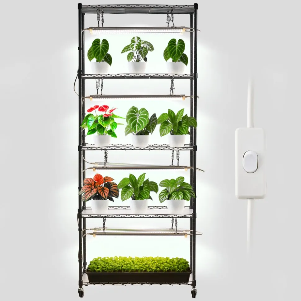 VEVOR DIY Plant Shelf with Grow Lights, 71 in Tall Indoor Plant Stand with Wheels, 192W 5000K Full Spectrum Grow Lights, Heavy Duty Metal Plants Display Rack, Flower Pot Holder for Seed Starting