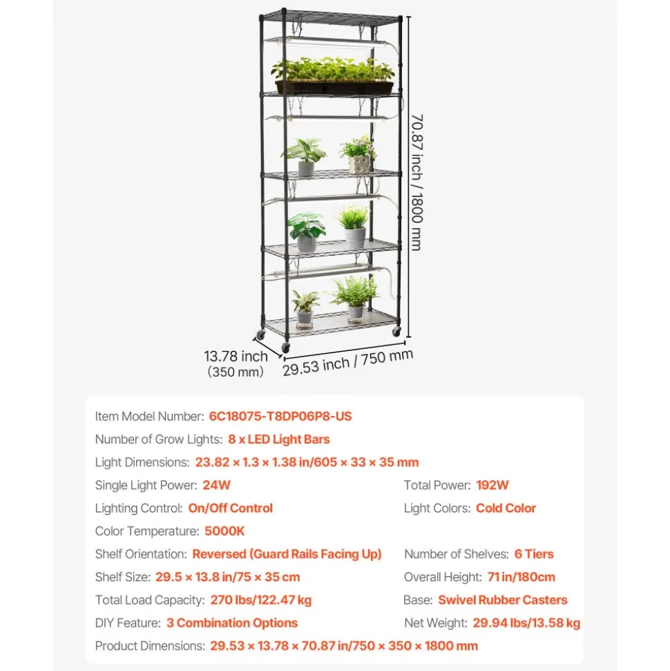 VEVOR DIY Plant Shelf with Grow Lights, 71 in Tall Indoor Plant Stand with Wheels, 192W 5000K Full Spectrum Grow Lights, Heavy Duty Metal Plants Display Rack, Flower Pot Holder for Seed Starting