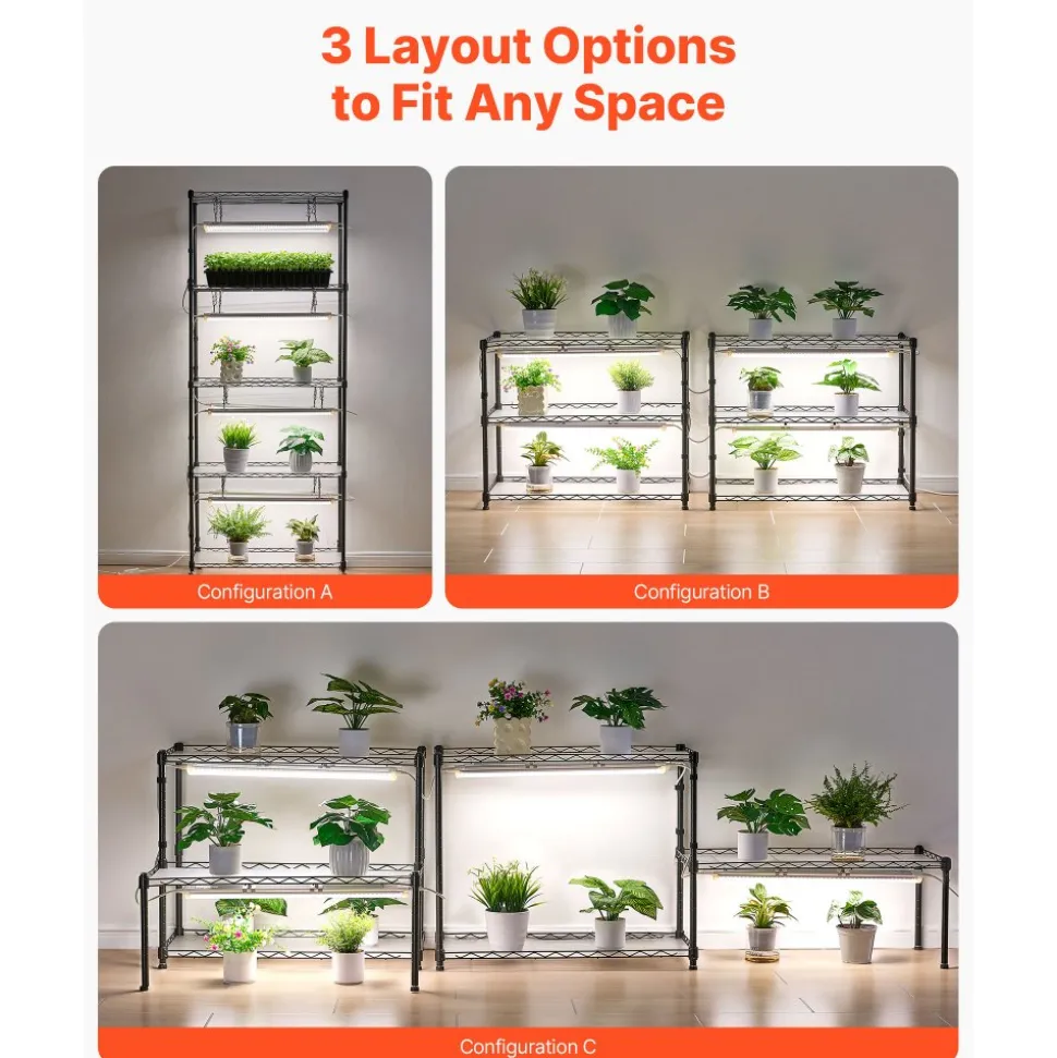 VEVOR DIY Plant Shelf with Grow Lights, 71 in Tall Indoor Plant Stand with Wheels, 192W 5000K Full Spectrum Grow Lights, Heavy Duty Metal Plants Display Rack, Flower Pot Holder for Seed Starting