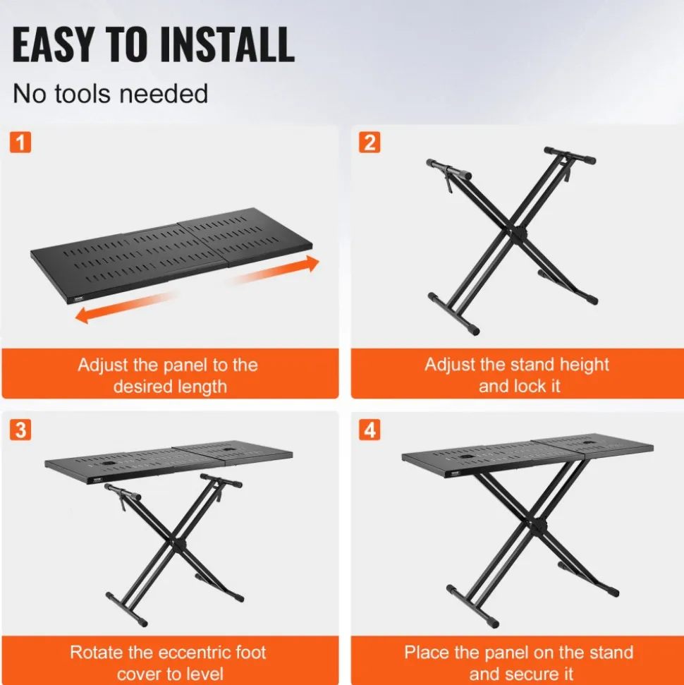 VEVOR DJ Table Stand, (32"-43") x 18" Portable DJ Laptop and Controller Stand, Lightweight DJ Desk DJ Booth Adjustable Height DJ Stand, Foldable Double-X Keyboard Stand & Tabletop, Audio Mixer Stand