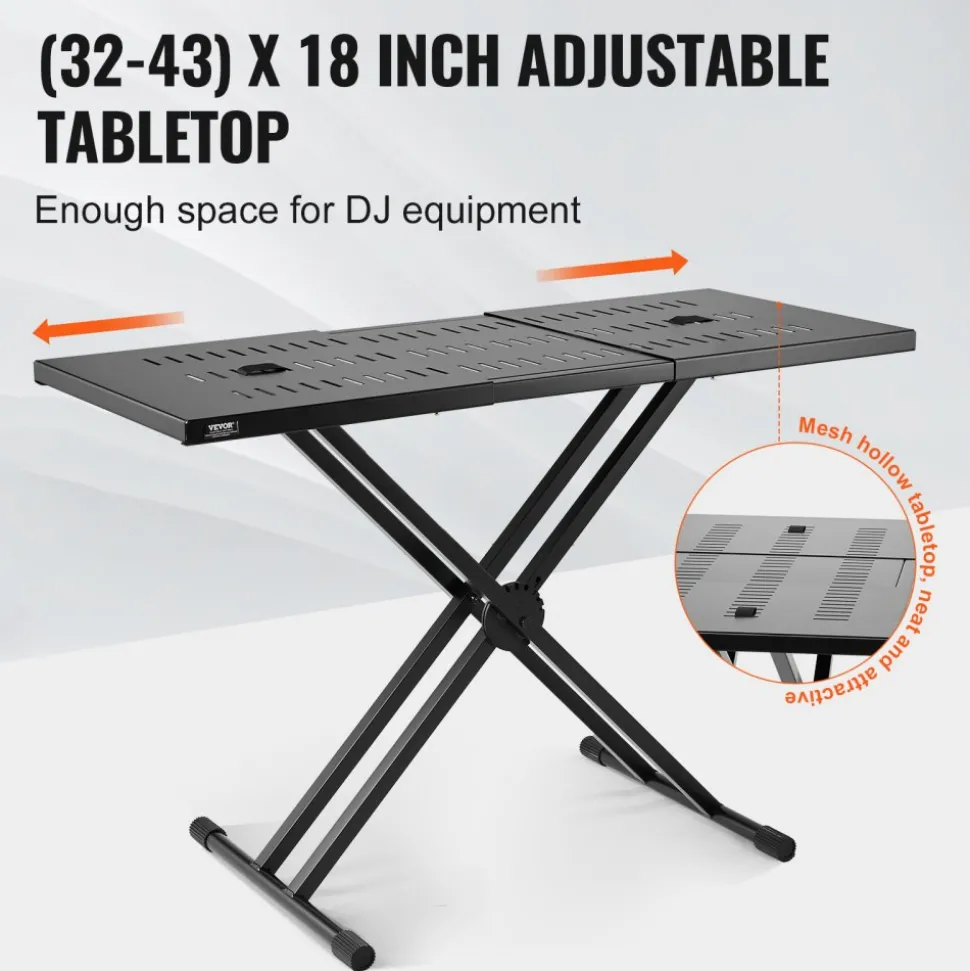 VEVOR DJ Table Stand, (32"-43") x 18" Portable DJ Laptop and Controller Stand, Lightweight DJ Desk DJ Booth Adjustable Height DJ Stand, Foldable Double-X Keyboard Stand & Tabletop, Audio Mixer Stand