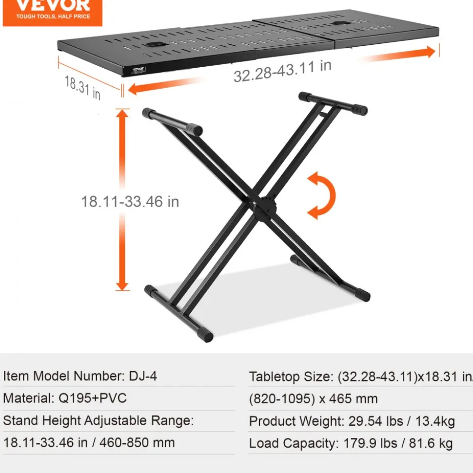 VEVOR DJ Table Stand, (32"-43") x 18" Portable DJ Laptop and Controller Stand, Lightweight DJ Desk DJ Booth Adjustable Height DJ Stand, Foldable Double-X Keyboard Stand & Tabletop, Audio Mixer Stand