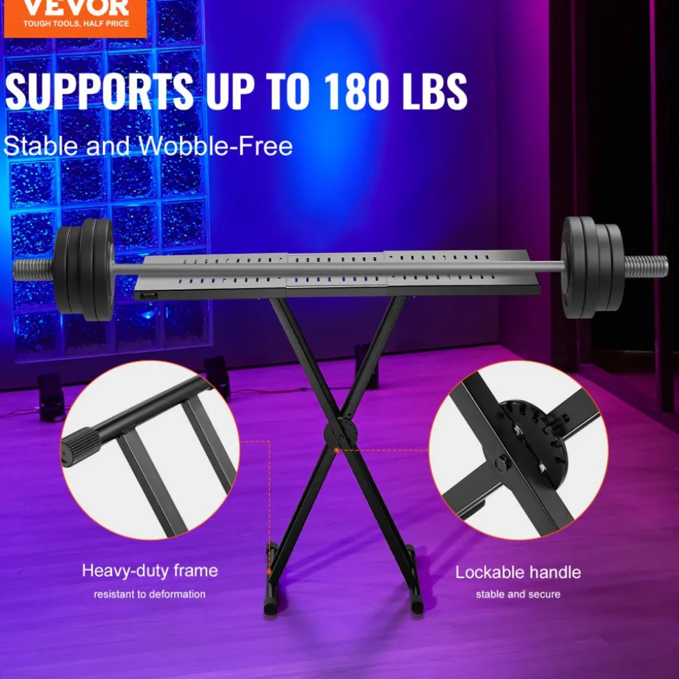 VEVOR DJ Table Stand, (32"-43") x 18" Portable DJ Laptop and Controller Stand, Lightweight DJ Desk DJ Booth Adjustable Height DJ Stand, Foldable Double-X Keyboard Stand & Tabletop, Audio Mixer Stand