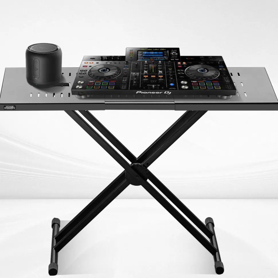 VEVOR DJ Table Stand, (32"-43") x 18" Portable DJ Laptop and Controller Stand, Lightweight DJ Desk DJ Booth Adjustable Height DJ Stand, Foldable Double-X Keyboard Stand & Tabletop, Audio Mixer Stand