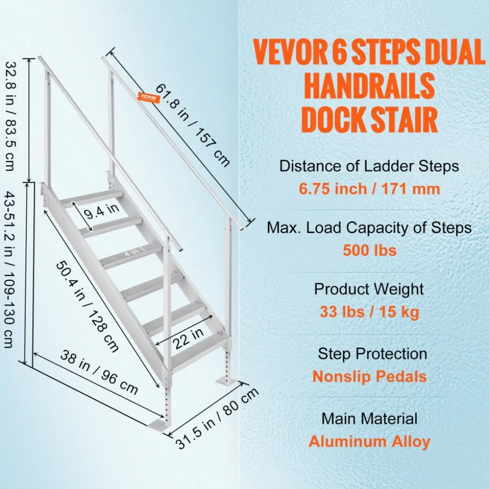 VEVOR Dock Ladder, 43''-51'' Adjustable Height, 500 lbs Load Capacity, Aluminum Alloy 6 Steps Pontoon Boat Ladder with Dual Handrails & Nonslip Mat, Ideal for Ship/Lake/Pool/Marine Boarding