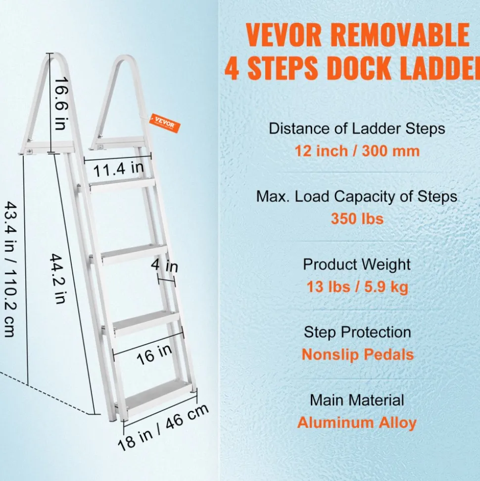 VEVOR Dock Ladder, Removable 4 Steps, 350 lbs Load Capacity, Aluminum Alloy Pontoon Boat Ladder with 4'' Wide Step & Nonslip Mat, Easy to Install for Ship/Lake/Pool/Marine Boarding
