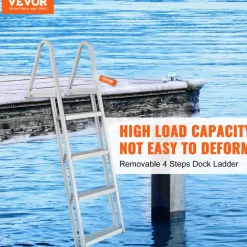 VEVOR Dock Ladder, Removable 4 Steps, 350 lbs Load Capacity, Aluminum Alloy Pontoon Boat Ladder with 4'' Wide Step & Nonslip Mat, Easy to Install for Ship/Lake/Pool/Marine Boarding