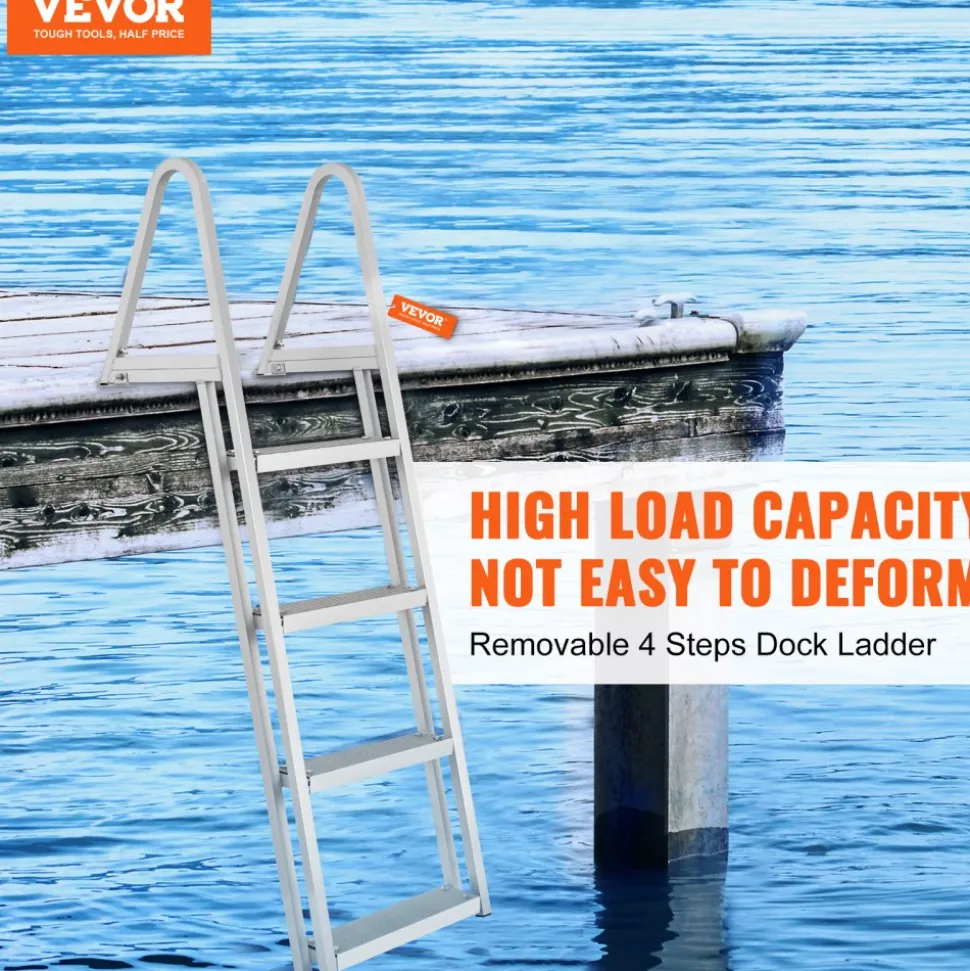VEVOR Dock Ladder, Removable 4 Steps, 350 lbs Load Capacity, Aluminum Alloy Pontoon Boat Ladder with 4'' Wide Step & Nonslip Mat, Easy to Install for Ship/Lake/Pool/Marine Boarding