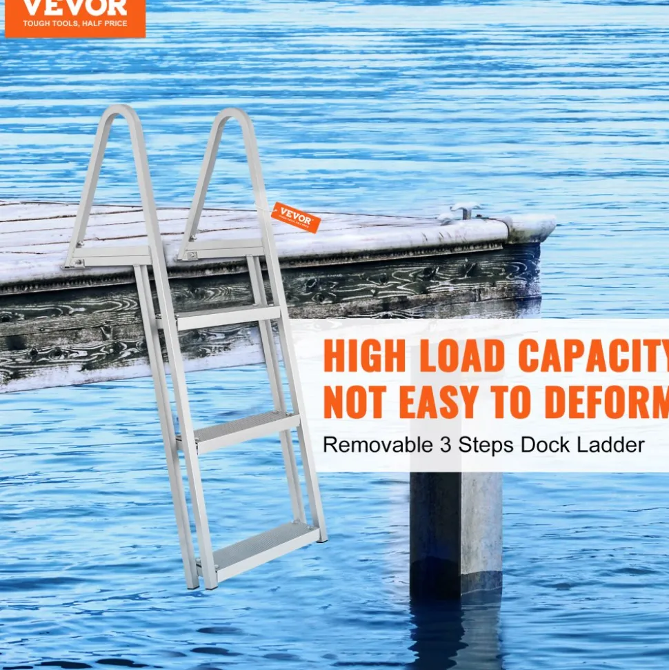 VEVOR Dock Ladder, Removable 3 Steps, 350 lbs Load Capacity, Aluminum Alloy Pontoon Boat Ladder with 4'' Wide Step & Nonslip Mat, Easy to Install for Ship/Lake/Pool/Marine Boarding