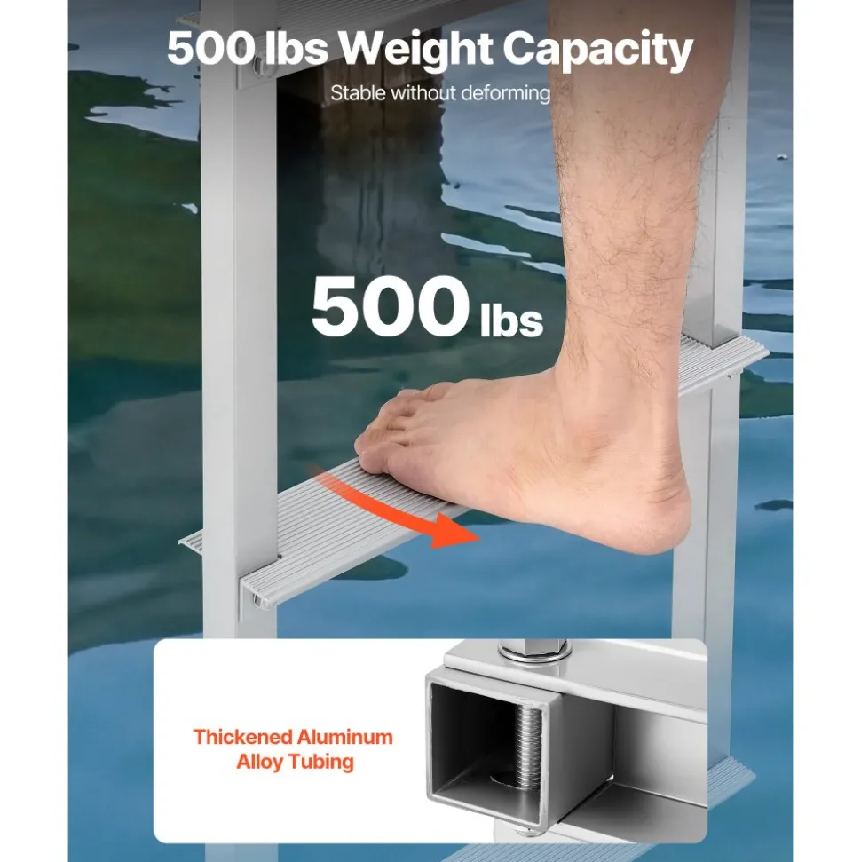 VEVOR Dock Ladder, Removable 3 Steps, 500 lbs Load Capacity, Aluminum Alloy Pontoon Boat Ladder with 3.1'' Wide Step & Nonslip Rubber Mat, Easy to Install for Ship/Lake/Pool/Marine Boarding