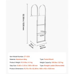 VEVOR Dock Ladder, Removable 3 Steps, 500 lbs Load Capacity, Aluminum Alloy Pontoon Boat Ladder with 3.1'' Wide Step & Nonslip Rubber Mat, Easy to Install for Ship/Lake/Pool/Marine Boarding