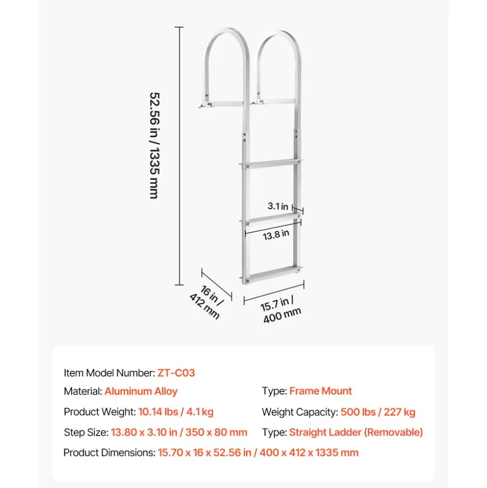 VEVOR Dock Ladder, Removable 3 Steps, 500 lbs Load Capacity, Aluminum Alloy Pontoon Boat Ladder with 3.1'' Wide Step & Nonslip Rubber Mat, Easy to Install for Ship/Lake/Pool/Marine Boarding