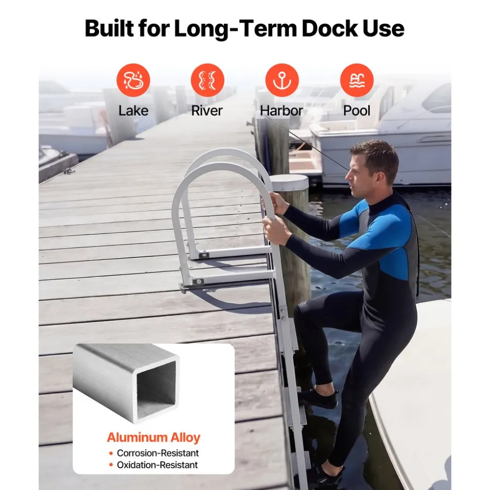 VEVOR Dock Ladder, Removable 3 Steps, 500 lbs Load Capacity, Aluminum Alloy Pontoon Boat Ladder with 3.1'' Wide Step & Nonslip Rubber Mat, Easy to Install for Ship/Lake/Pool/Marine Boarding