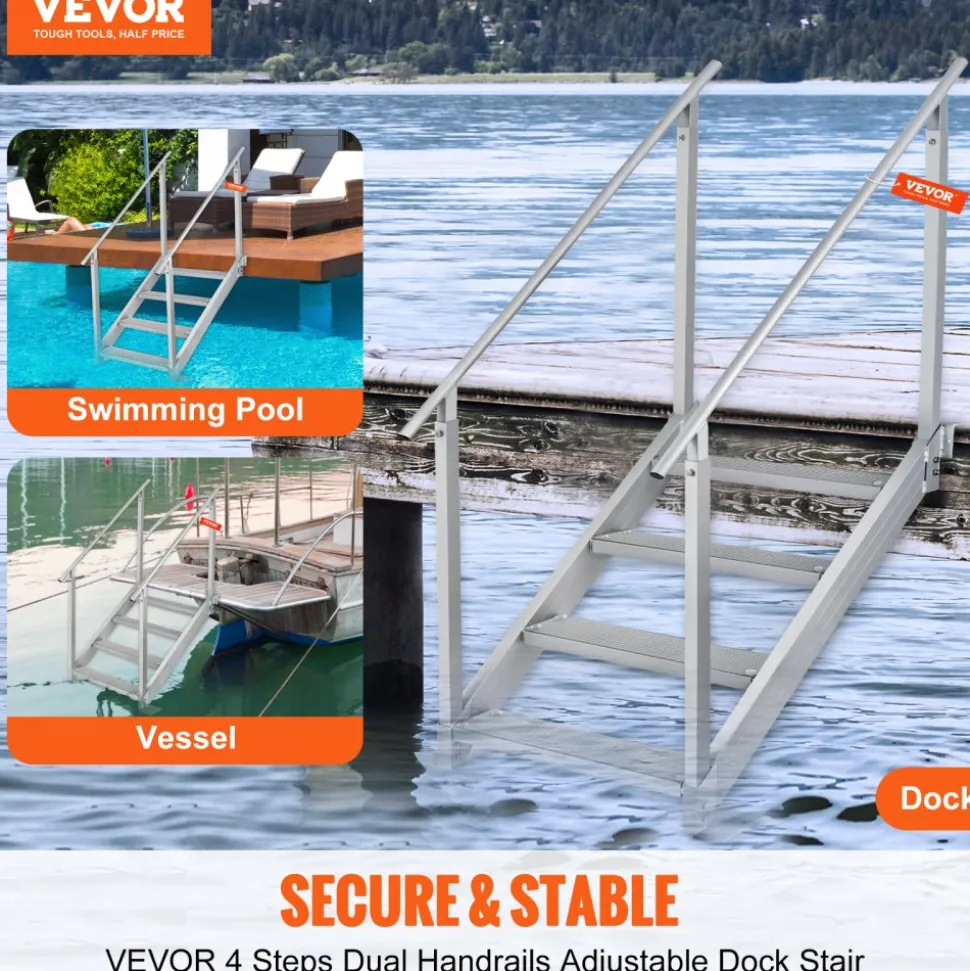 VEVOR Dock Ladder 4 Step, Dock Stairs 30''-38'' Adjustable Height, 500 lbs Load Capacity, Aluminum Pontoon Boat Ladder with Dual Handrails & Nonslip Mat for Ship/Lake/Pool/Marine Boarding