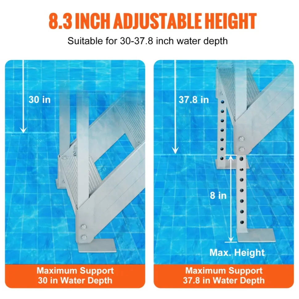 VEVOR Dock Ladder 4 Step, Dock Stairs 30''-38'' Adjustable Height, 500 lbs Load Capacity, Aluminum Pontoon Boat Ladder with Dual Handrails & Nonslip Mat for Ship/Lake/Pool/Marine Boarding