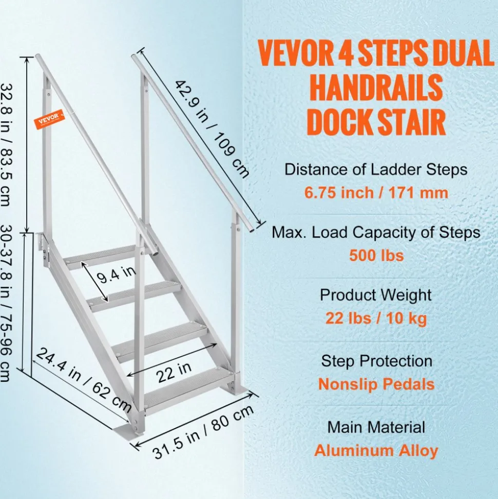 VEVOR Dock Ladder 4 Step, Dock Stairs 30''-38'' Adjustable Height, 500 lbs Load Capacity, Aluminum Pontoon Boat Ladder with Dual Handrails & Nonslip Mat for Ship/Lake/Pool/Marine Boarding