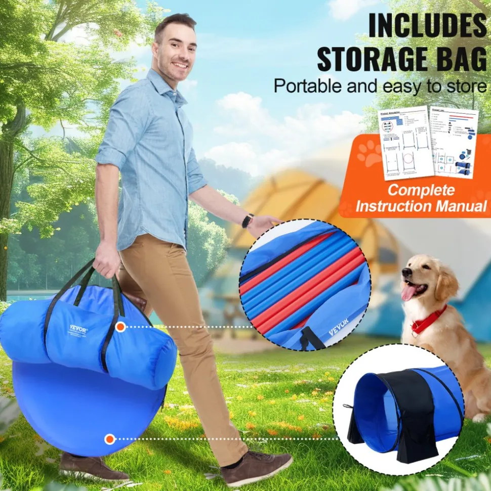 VEVOR Dog Agility Training Equipment, 7 PCS Set Upgrade w/ Adjustable High Hurdles,6 Weave Poles,2 Tunnels,Jump Ring,Pause Box,Whistle,Foldable Bowl,Puppy Obstacle Course Kit w/ 3 Bags