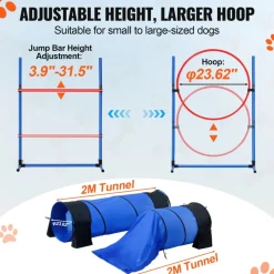 VEVOR Dog Agility Training Equipment, 7 PCS Set Upgrade w/ Adjustable High Hurdles,6 Weave Poles,2 Tunnels,Jump Ring,Pause Box,Whistle,Foldable Bowl,Puppy Obstacle Course Kit w/ 3 Bags