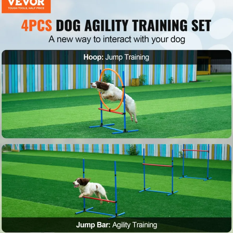 VEVOR Dog Agility Training Equipment, 4 PCS Set - Adjustable High Hurdles and Jump Ring, Puppy Obstacle Course Jump Starter Kit with Poles Storage Bag for Backyard, Indoor, Outdoor