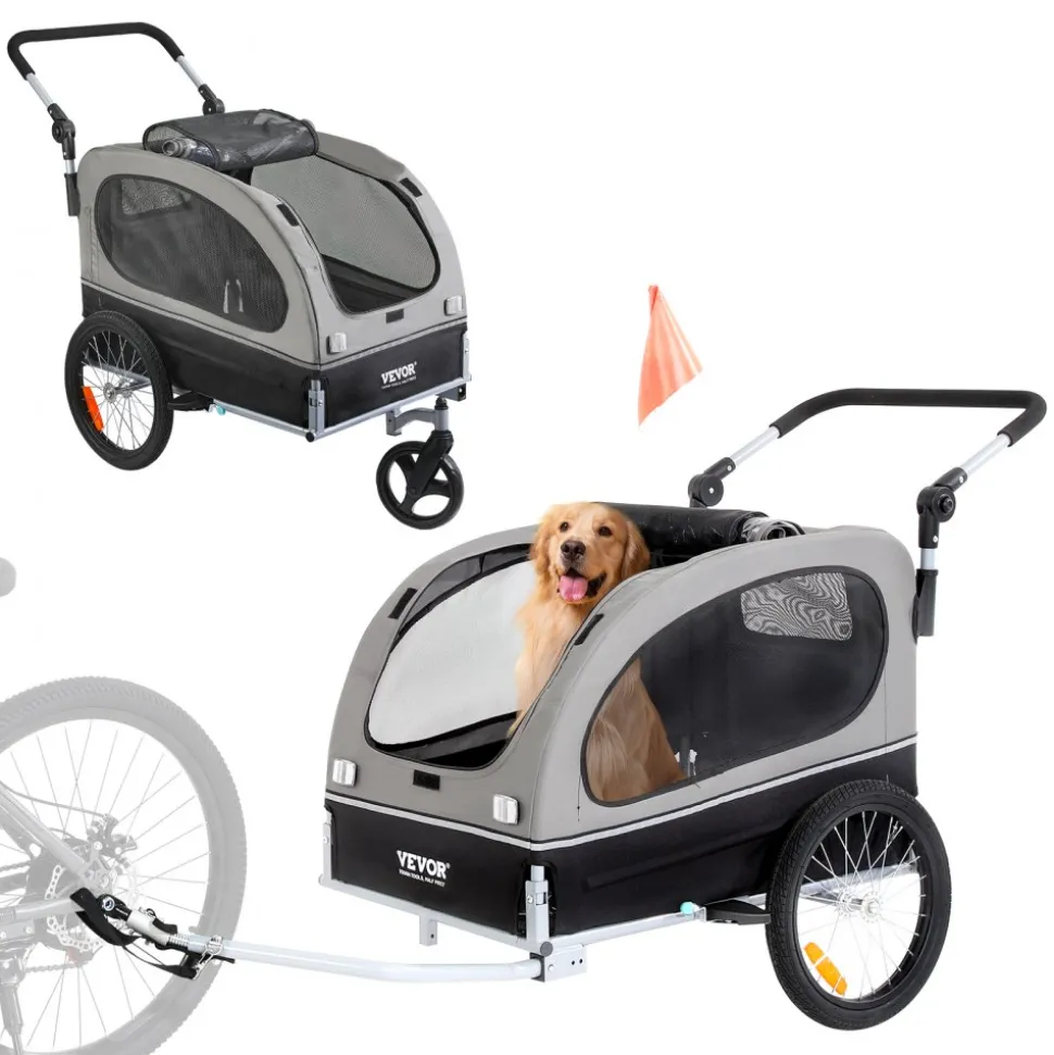 VEVOR Dog Bike Trailer, Supports up to 88 lbs, 2-in-1 Pet Stroller Cart Bicycle Carrier, Easy Folding Cart Frame with Quick Release Wheels, Universal Bicycle Coupler, Reflectors, Flag, Black/Gray