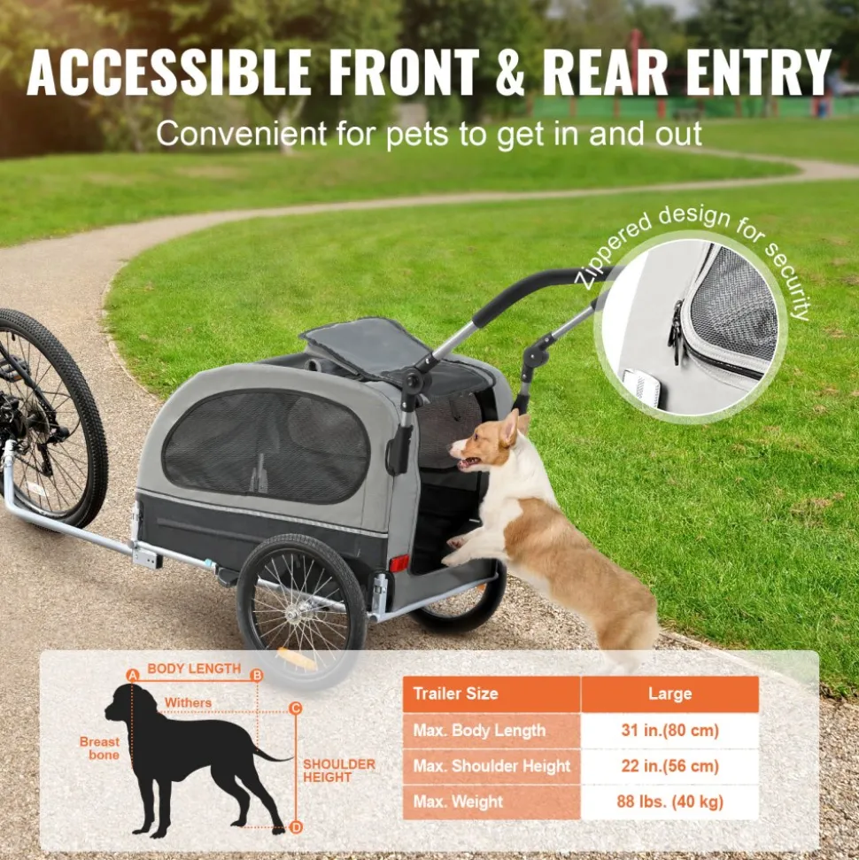 VEVOR Dog Bike Trailer, Supports up to 88 lbs, 2-in-1 Pet Stroller Cart Bicycle Carrier, Easy Folding Cart Frame with Quick Release Wheels, Universal Bicycle Coupler, Reflectors, Flag, Black/Gray