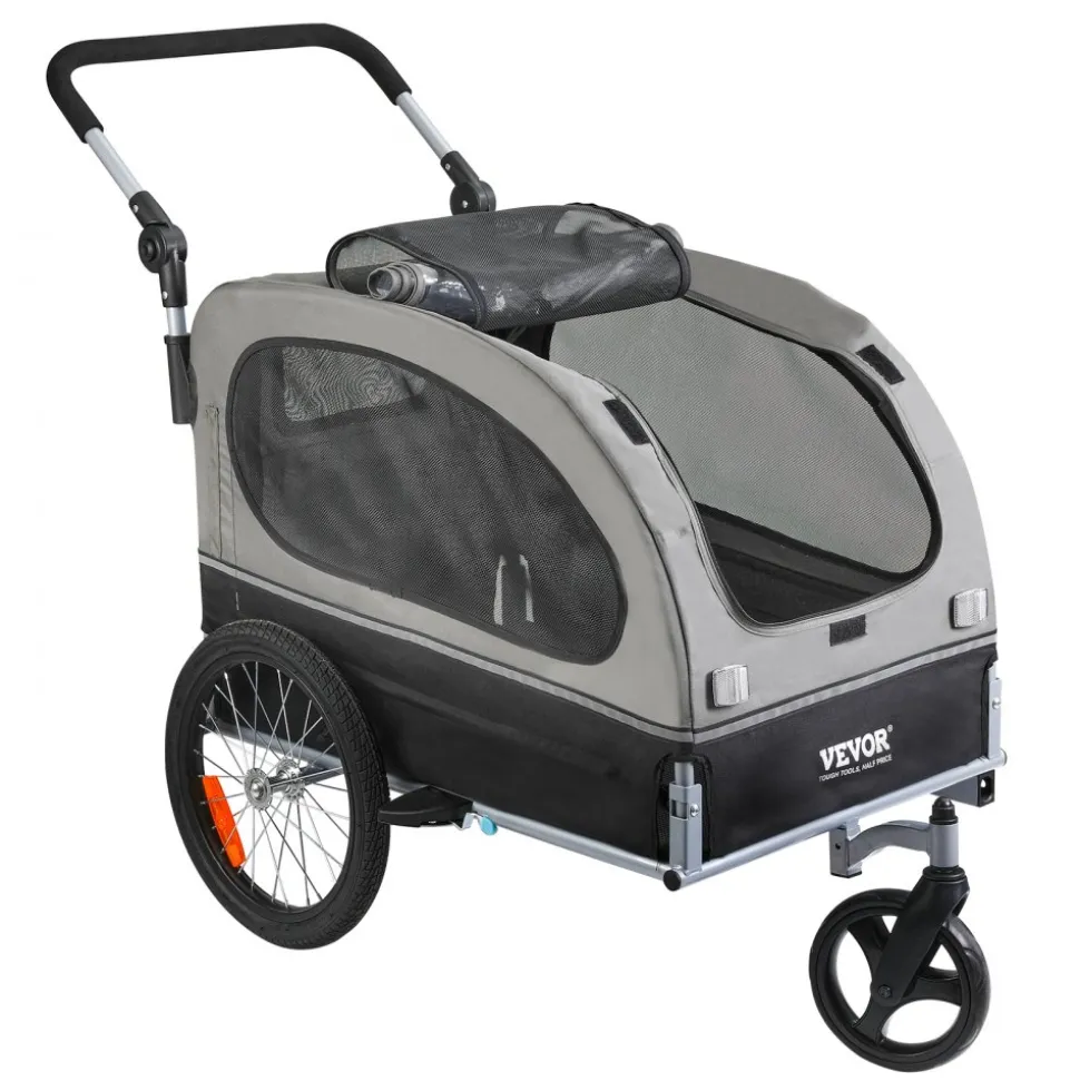 VEVOR Dog Bike Trailer, Supports up to 88 lbs, 2-in-1 Pet Stroller Cart Bicycle Carrier, Easy Folding Cart Frame with Quick Release Wheels, Universal Bicycle Coupler, Reflectors, Flag, Black/Gray