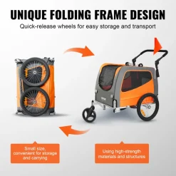 VEVOR Dog Bike Trailer, Supports up to 66 lbs, 2-in-1 Pet Stroller Cart Bicycle Carrier, Easy Folding Cart Frame with Quick Release Wheels, Universal Bicycle Coupler, Reflectors, Flag, Orange/Gray