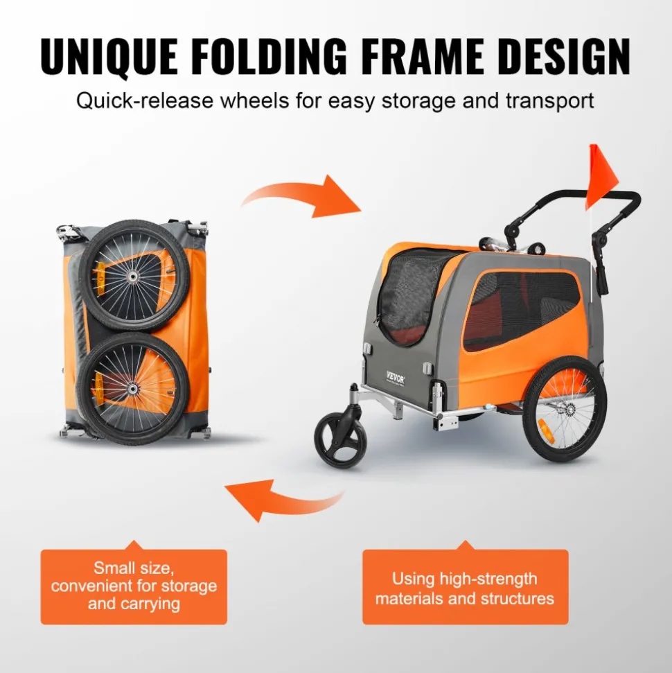 VEVOR Dog Bike Trailer, Supports up to 66 lbs, 2-in-1 Pet Stroller Cart Bicycle Carrier, Easy Folding Cart Frame with Quick Release Wheels, Universal Bicycle Coupler, Reflectors, Flag, Orange/Gray