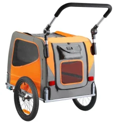 VEVOR Dog Bike Trailer, Supports up to 66 lbs, 2-in-1 Pet Stroller Cart Bicycle Carrier, Easy Folding Cart Frame with Quick Release Wheels, Universal Bicycle Coupler, Reflectors, Flag, Orange/Gray
