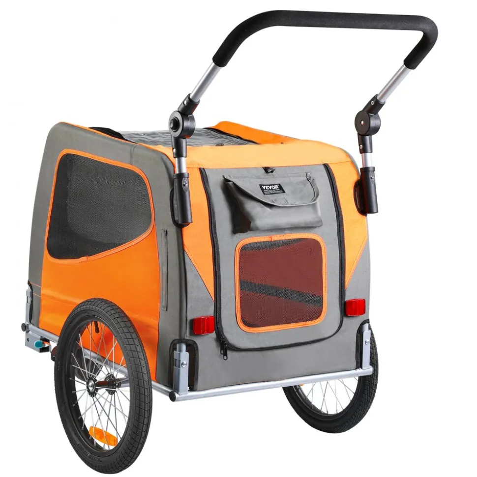VEVOR Dog Bike Trailer, Supports up to 66 lbs, 2-in-1 Pet Stroller Cart Bicycle Carrier, Easy Folding Cart Frame with Quick Release Wheels, Universal Bicycle Coupler, Reflectors, Flag, Orange/Gray