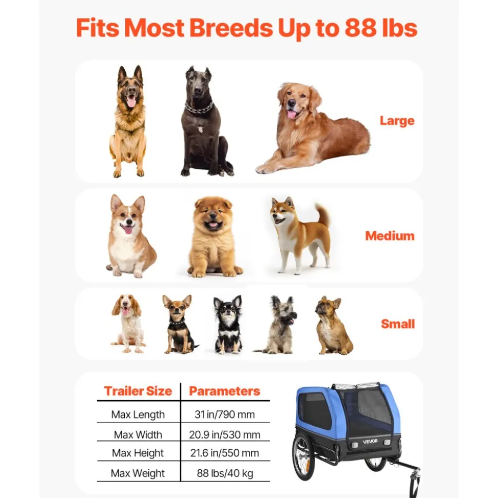 VEVOR Dog Bike Trailer, Supports up to 88 lbs, Pet Cart Bicycle Carrier for Small & Large Dogs, Easy Folding Frame with Quick Release Wheel, Universal Bicycle Coupler, Reflector, Flag, Internal Leash