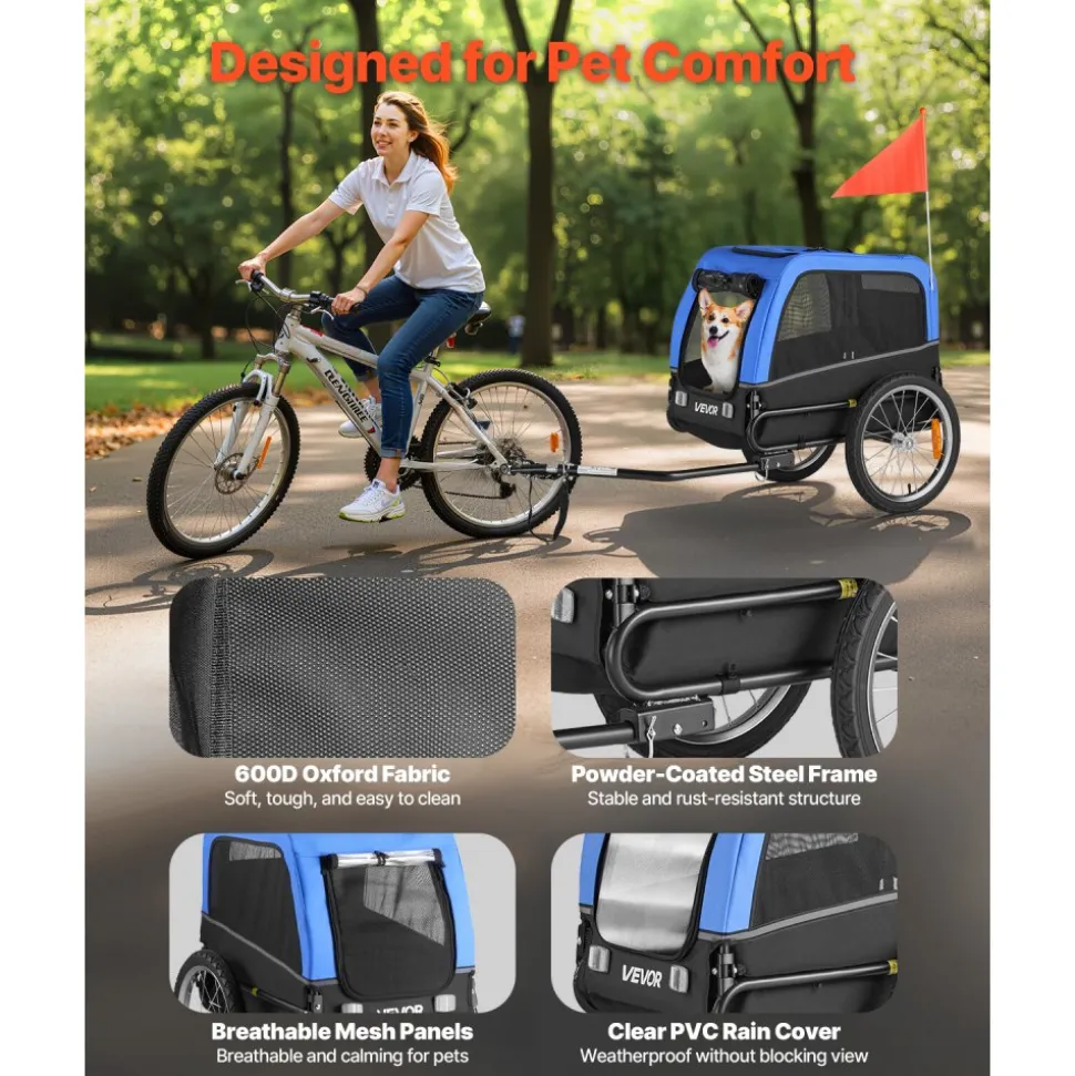 VEVOR Dog Bike Trailer, Supports up to 66 lbs, Pet Cart Bicycle Carrier for Small & Medium Dogs, Easy Folding Frame with Quick Release Wheel, Universal Bicycle Coupler, Reflector, Flag, Internal Leash