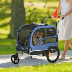 VEVOR Dog Bike Trailer, Supports up to 100 lbs, 2-in-1 Pet Stroller Cart Bicycle Carrier, Easy Folding Cart Frame with Quick Release Wheels, Universal Bicycle Coupler, Reflectors, Flag, Blue/Black