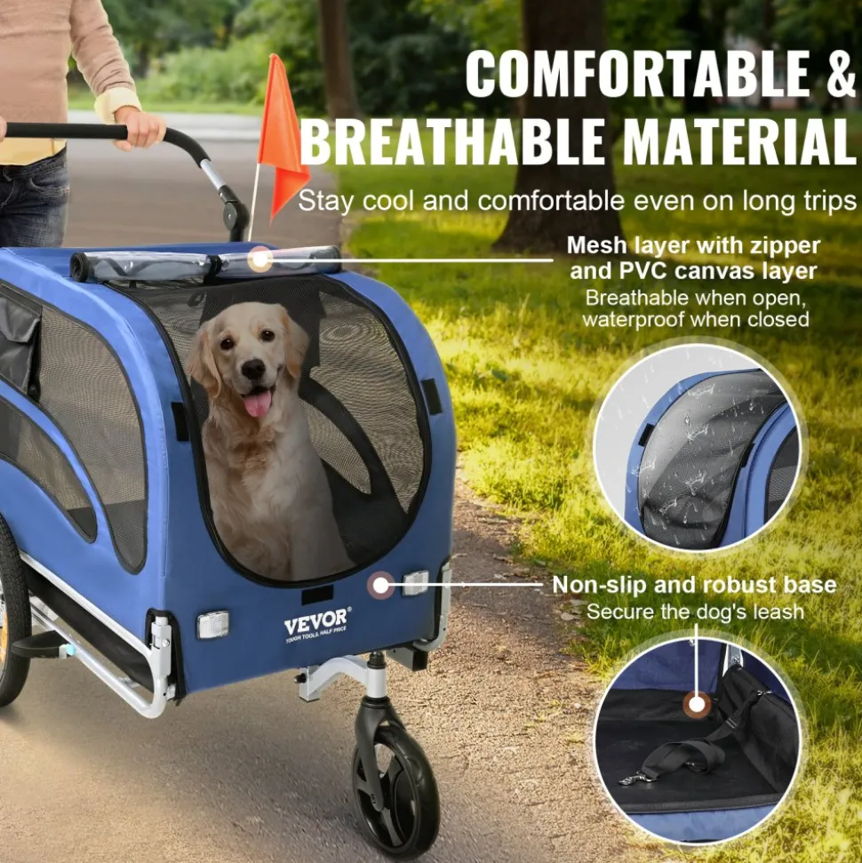 VEVOR Dog Bike Trailer, Supports up to 100 lbs, 2-in-1 Pet Stroller Cart Bicycle Carrier, Easy Folding Cart Frame with Quick Release Wheels, Universal Bicycle Coupler, Reflectors, Flag, Blue/Black